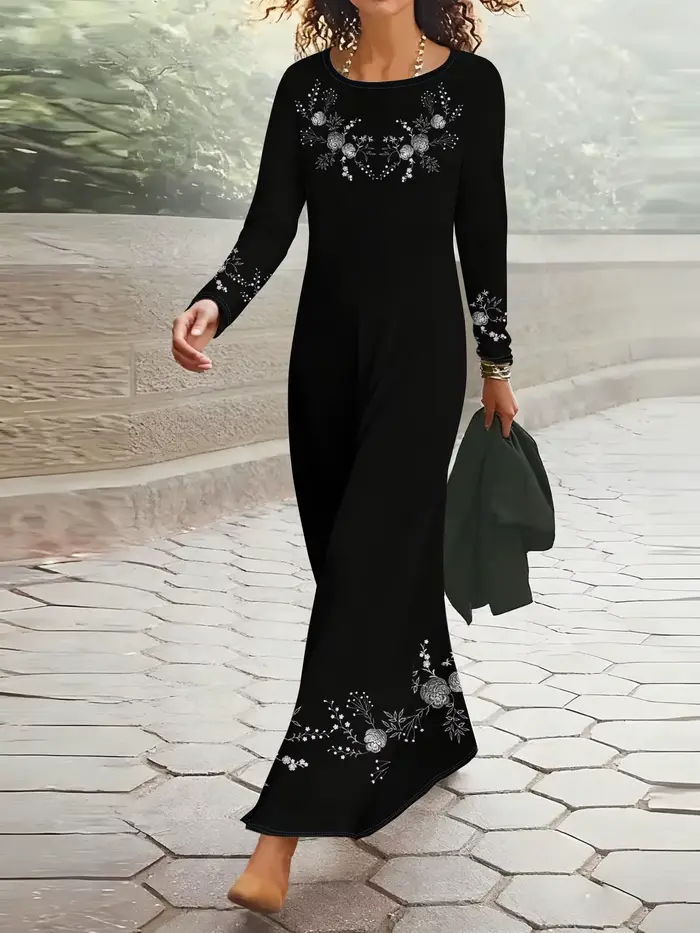 Robe noire imprimée floral élégante pour femmes décontractée pour occasions spéciales printemps automne