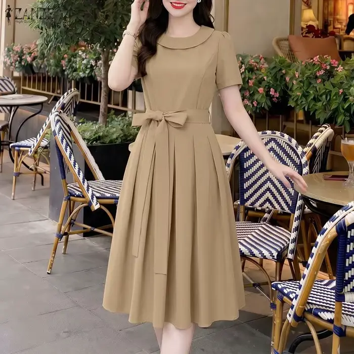 Robe d'été pour femme coupe A en polyester avec ceinture à lacets col rond et fermeture éclair dos style bohème rétro