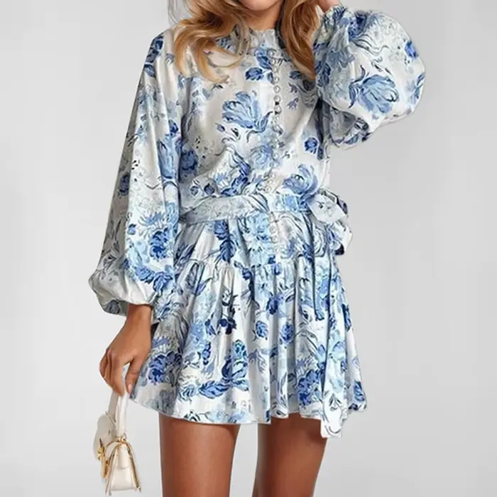 Robe mini élégante pour femme à manches longues avec ceinture et imprimé Toile de Jouy