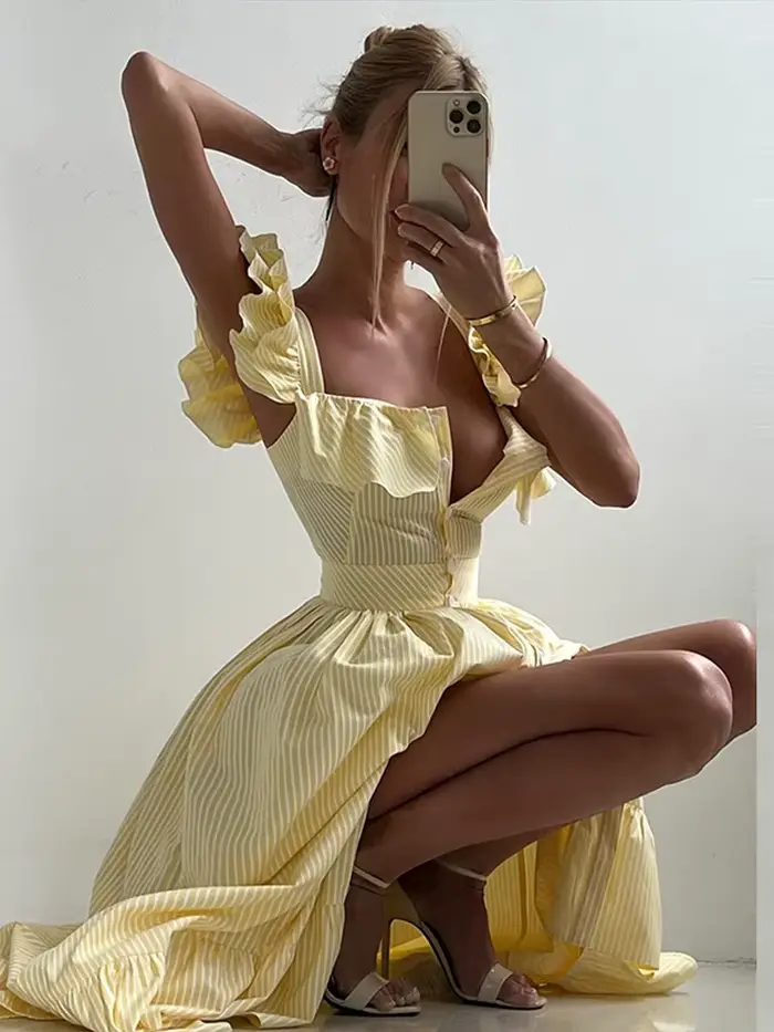 Robe longue à volants et rayures pour femmes, manches volantes, élégante, col carré, taille cintrée, plissée, robes de soirée Chic pour dames