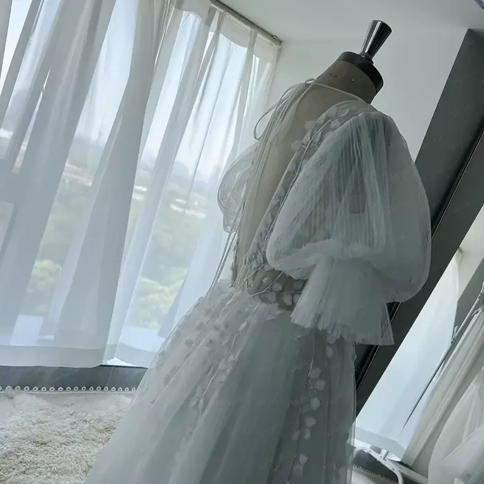 Mryarce Robe de mariée courte en tulle froncé avec manches bouffantes et dentelle