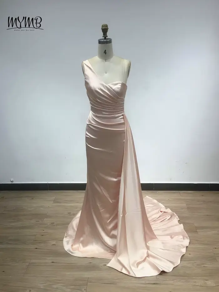 MYMB marron une épaule sirène élégante robes de demoiselle d'honneur arabe plissé longue ruban modeste