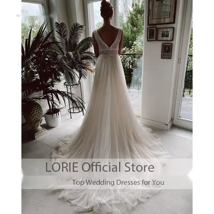 LORIE robes de mariée bohème col en V Appliques dentelle Tulle ivoire élégant