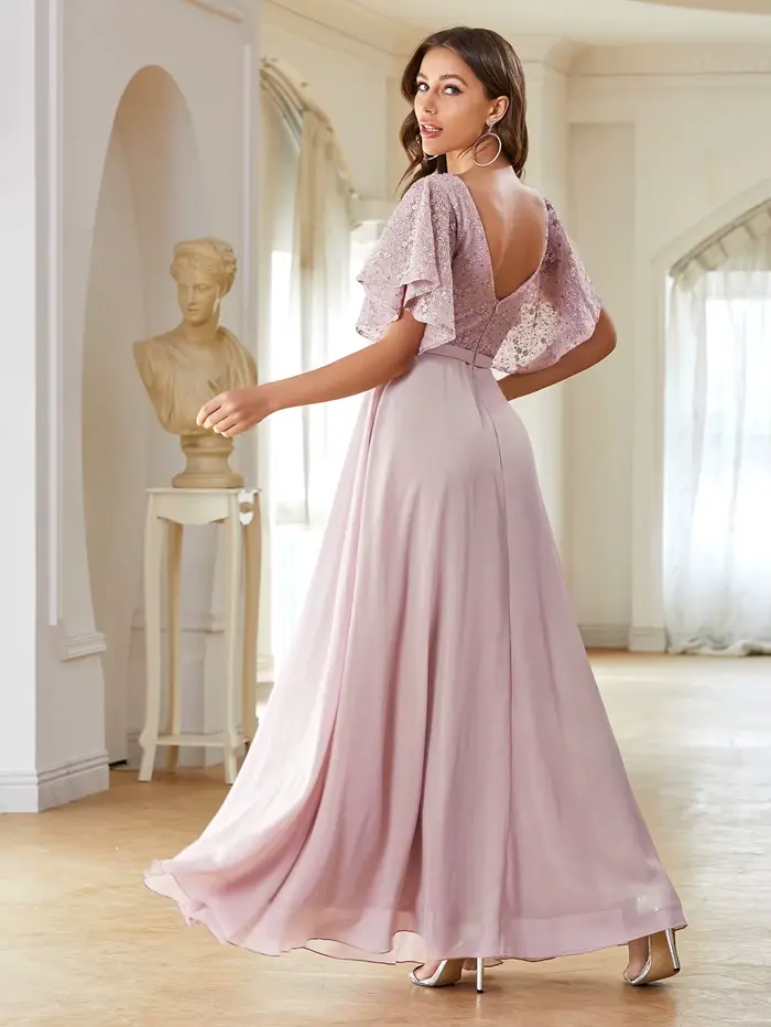 Mgiacy col en v demi manches en mousseline de soie extra longue dentelle patchwork robe élégante rob
