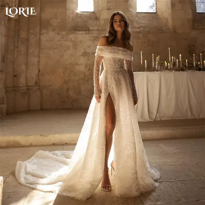 LORIE – robe de mariée trapèze en dentelle à paillettes, épaules dénudées plissées, fente latérale h