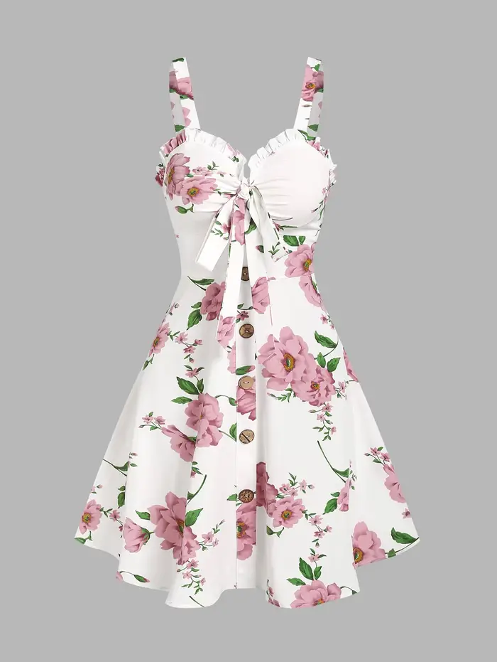 Fur sNuremberg-Robe de vacances à imprimé floral pour femmes, mini robe à volants, nœud papillon, fê