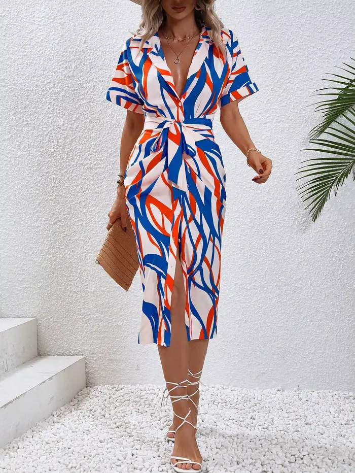 Robe chemise midi imprimée pour femme, style vacances à la française, col en V, cintrée à la taille, avec fente amincissante.
