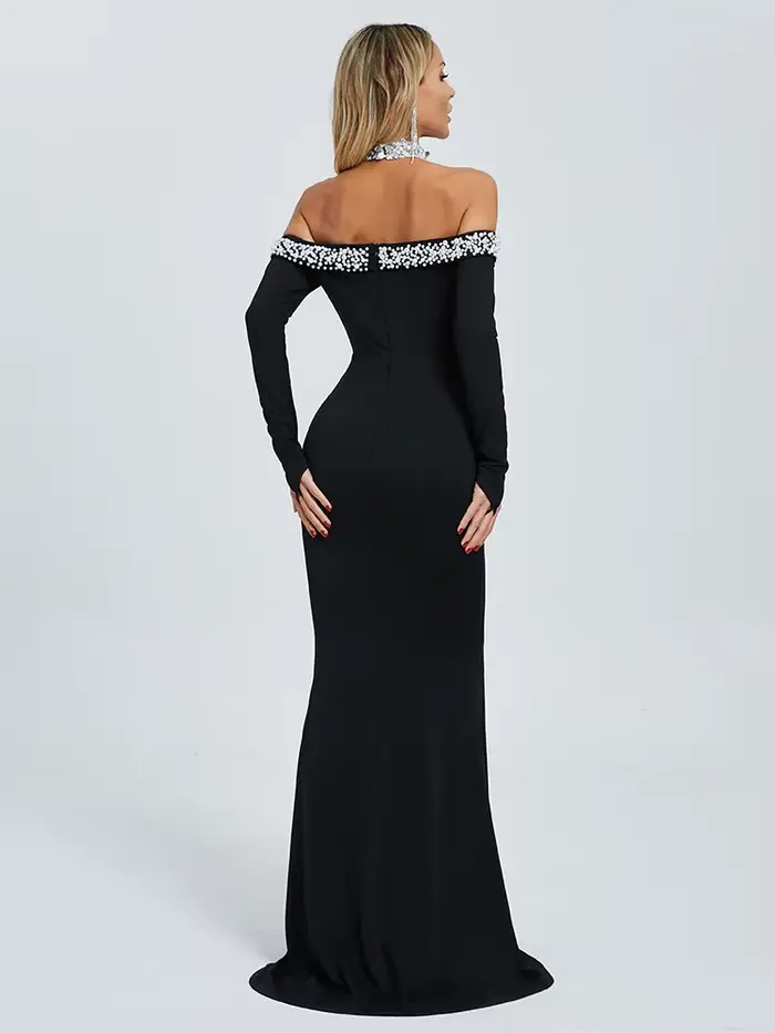 Robe longue sirène noire glamour avec strass, col licou, manches épaules dénudées, robe de soirée de bal