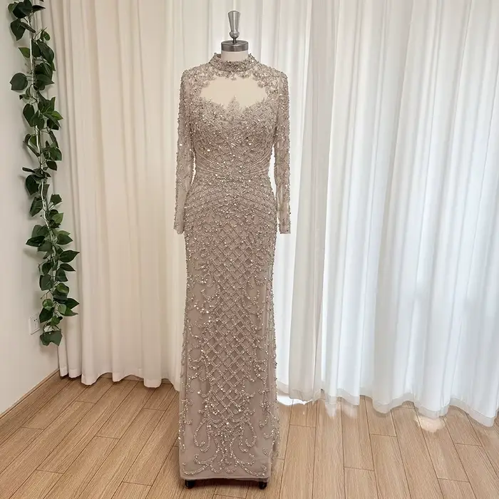 Robe de soirée sirène élégante pour femmes, manches longues, arabie musulmane, perles, longue robe formelle de bal de mariage, personnalisée, 2026