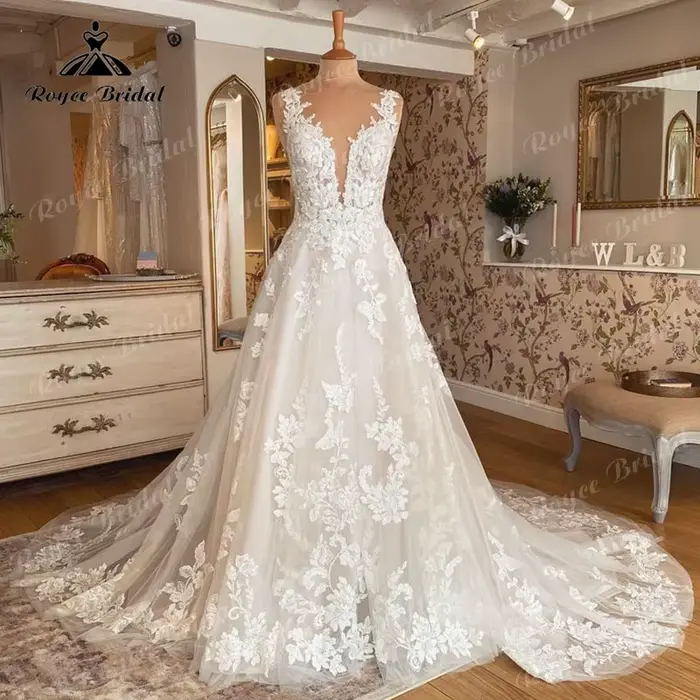 Robe de Mariée Bohème Personnalisée Blanc Dentelle Appliques Dos Nu Occasions Spéciales