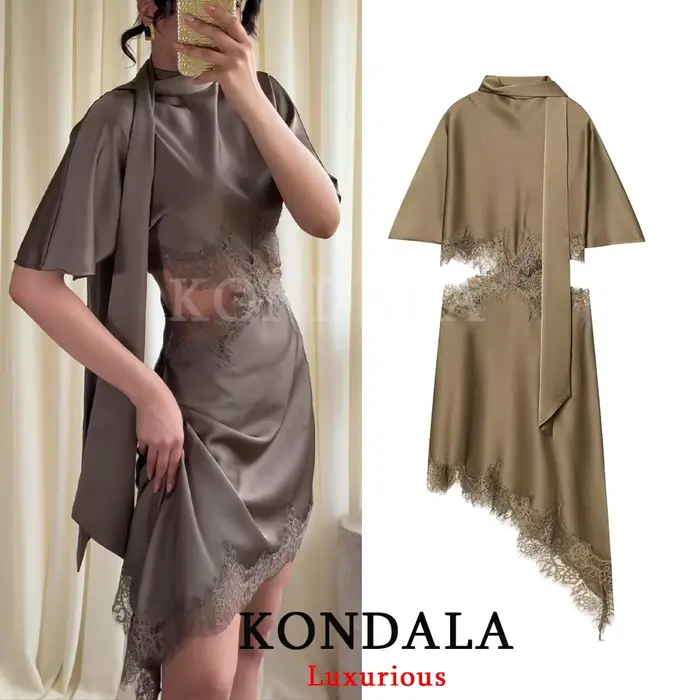 Robe Mini Chic et Élégante KONDALA pour Femme, Col Asymétrique à Nœud, Tendance Printemps-Été 2026,