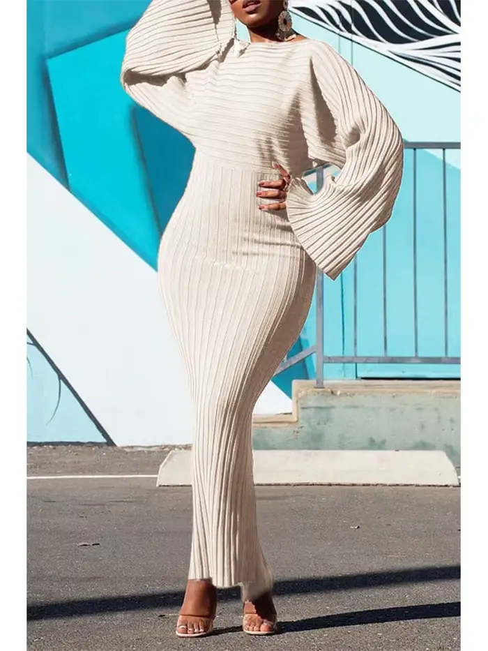 Robe longue côtelée tricotée à manches chauve-souris pour femmes
