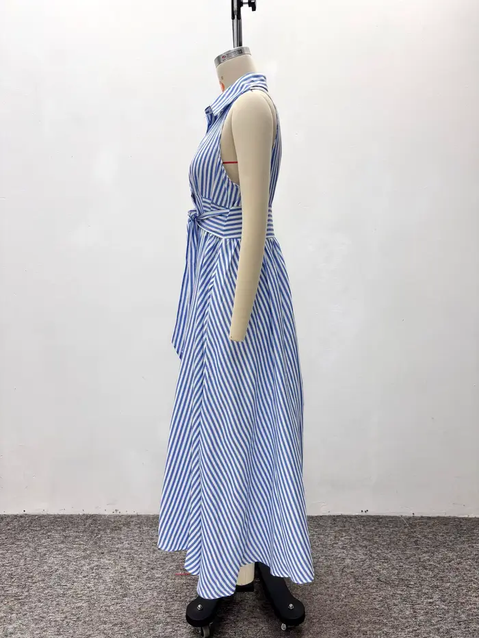 Robe longue femme coupe trapèze Y2K streetwear sans manches col rabattu élégante pour soirées et travail polyester composition fibre synthétique多种语言的代码,指示创建一个HTML页面来描述一件女士长裙的产品信息,并且要求使用中文撰写。请将回应转换为中文,并确保HTML结构符合要求。
