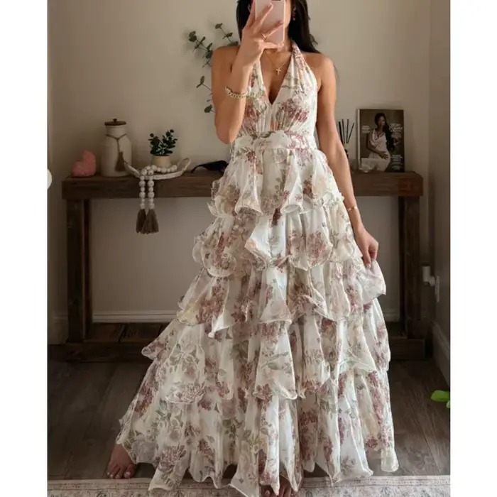 Robe longue bohème florale à volants 2026, dos nu, style corset, pour cocktail, élégante, pour invit