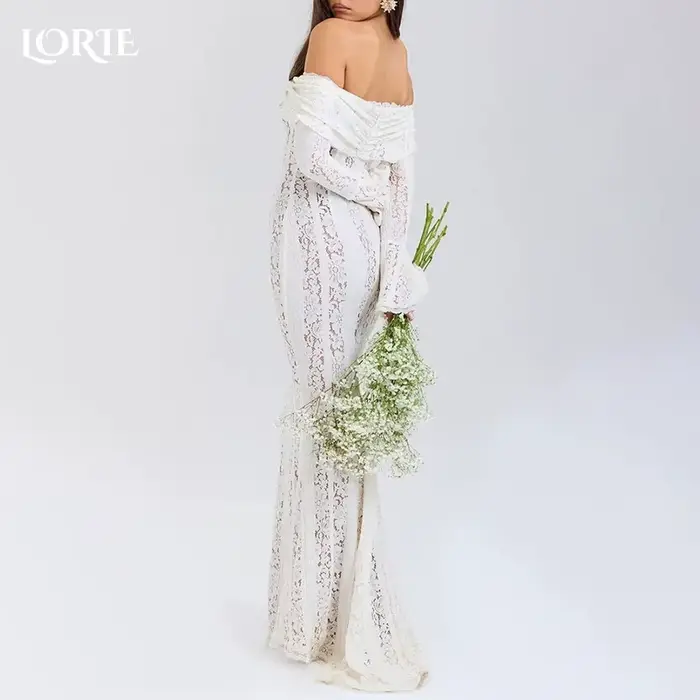 LORIE dentelle sirène robes de mariée épaules dénudées a-ligne évasée à manches longues robe