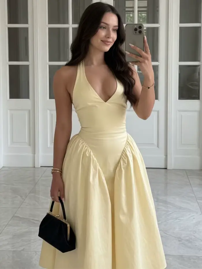 Robe midi élégante pour femme en polyester avec patchwork et volants pour soirées et fêtes estivales