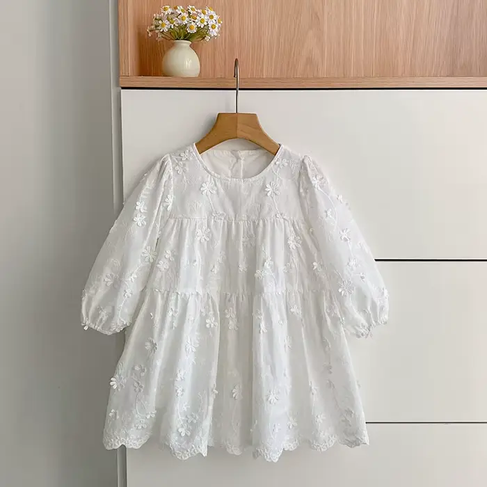 Robe de princesse en dentelle blanche pour filles, manches longues, broderie, robe de fête à fleurs 