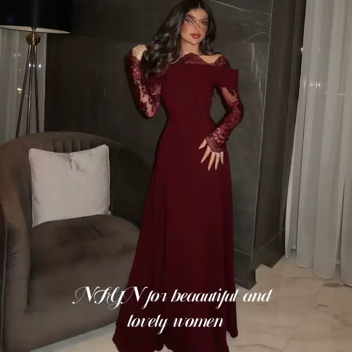 NFYN – robe de soirée élégante bordeaux, épaules dénudées, manches longues, robes de bal en Satin et