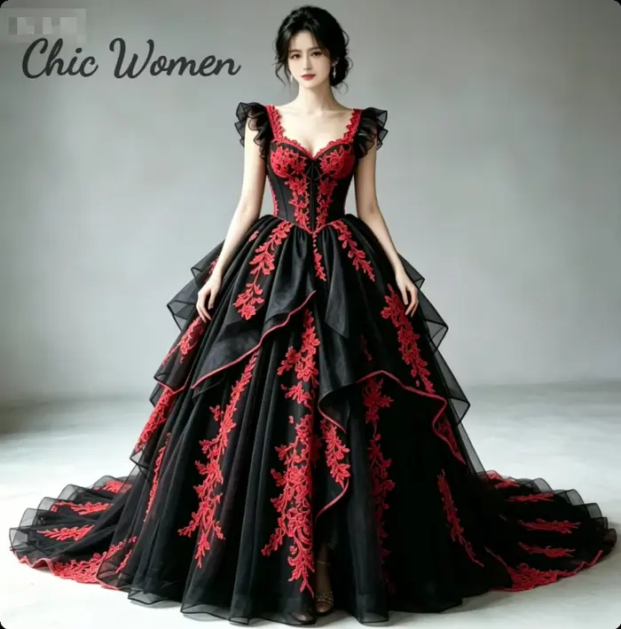 Robe de mariée gothique rose victorienne à volants et manches courtes