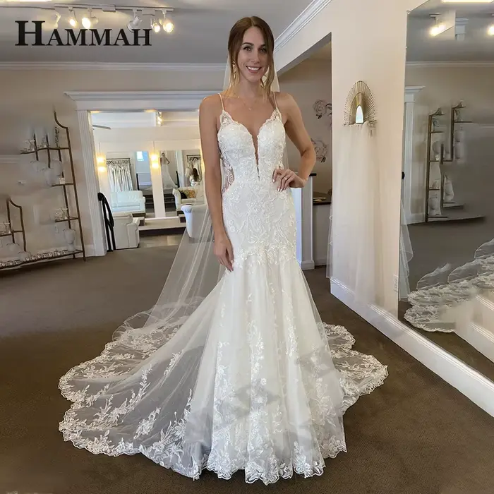 HAMMAH-Robes de Mariée Trompent de Luxe, Bretelles Spaghetti, Appliques, Dentelle Tulle, Traîne Cour