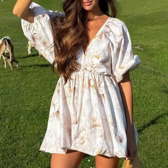 Robe de soirée plissée ample à manches bouffantes pour femme élégante imprimé floral décolleté en V profonde pour occasions spéciales