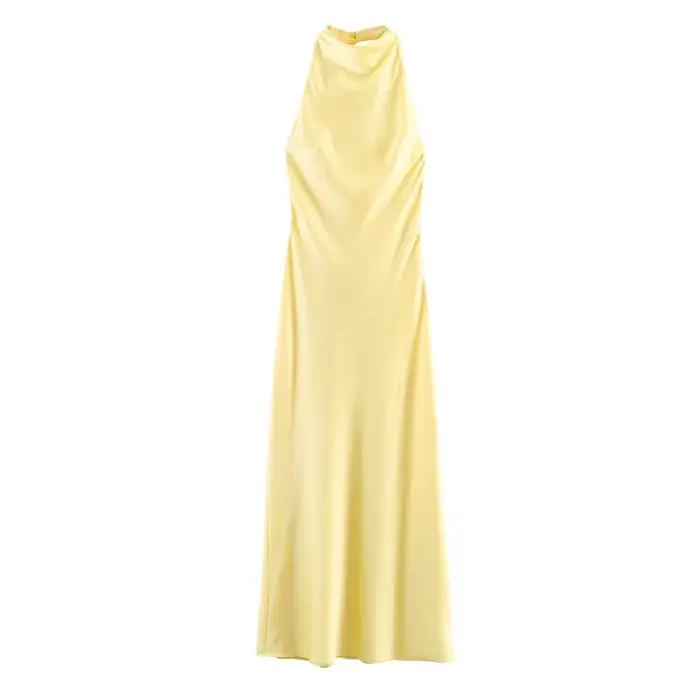 Robe longue de soirée pour femme, élégante, en satin, dos nu, style halter, plissée, sans manches, j