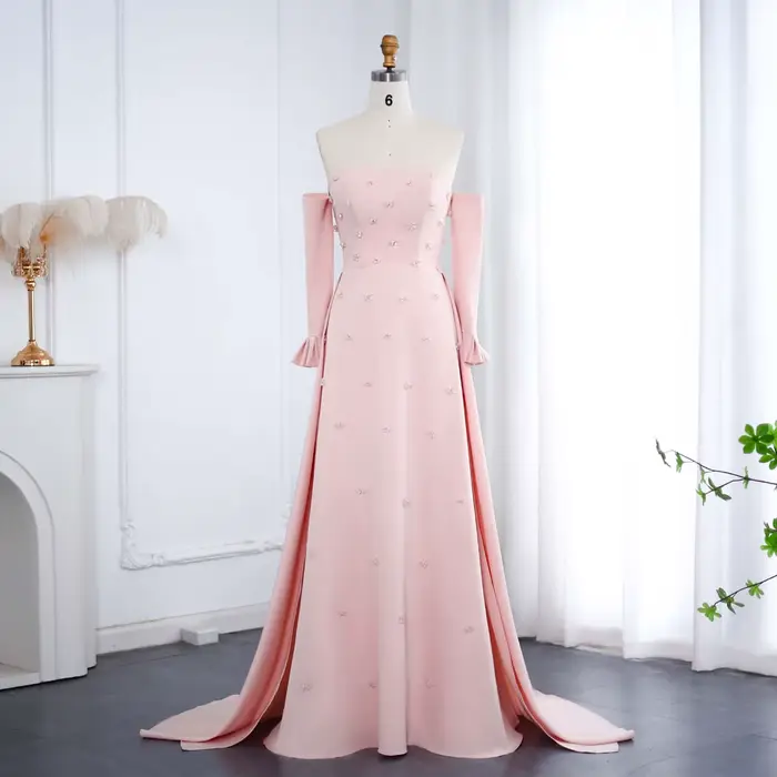 Sharon Said Robe de soirée rose élégante pour femme avec perles florales 3D surjupe à manches longue