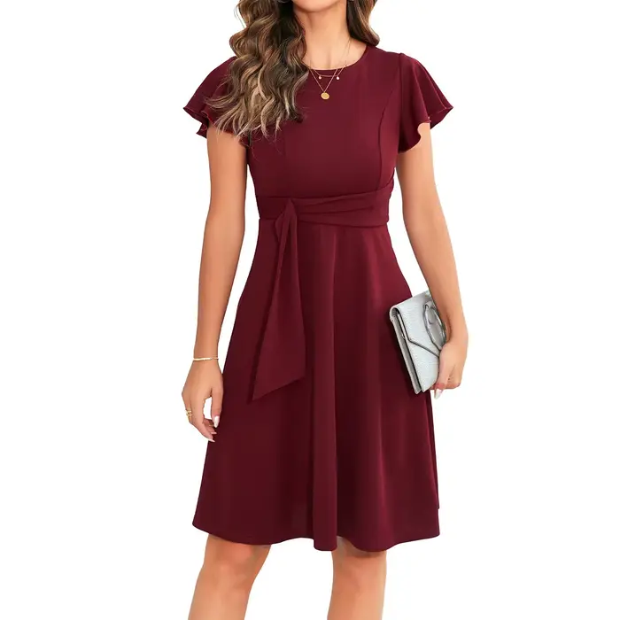 Robe courte élégante plissée, col rond, couleur unie, ample, décontractée, Mini robe de plage pour f