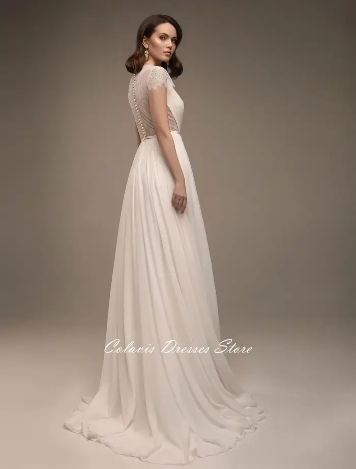 Fanan Style grec bohême dentelle robe De mariée personnalisé en mousseline De soie balayage Train boutons