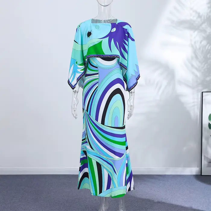 Robe élégante imprimée style châle pour femme, col en V, sans manches, coupe ajustée, bleue, tenue d
