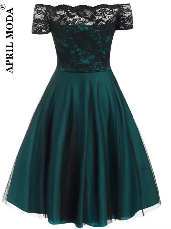 Femmes Vintage robe en dentelle formelle rouge noir vert Slash cou Tulle Midi Jurken Chic rétro gothique années 50 robes trapèze vêtements de fête