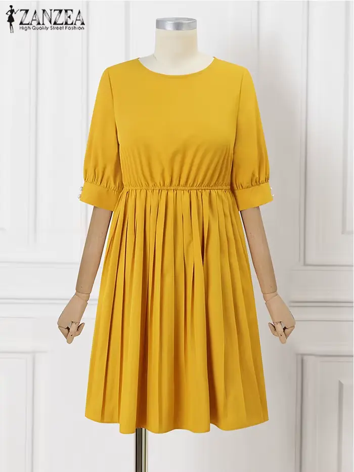 Robe d'été ZANZEA en polyester décontractée avec volants pour femmes, occasionnelle et quotidienne, couleurs jaune, rose, vert armée, taille S à XXXL