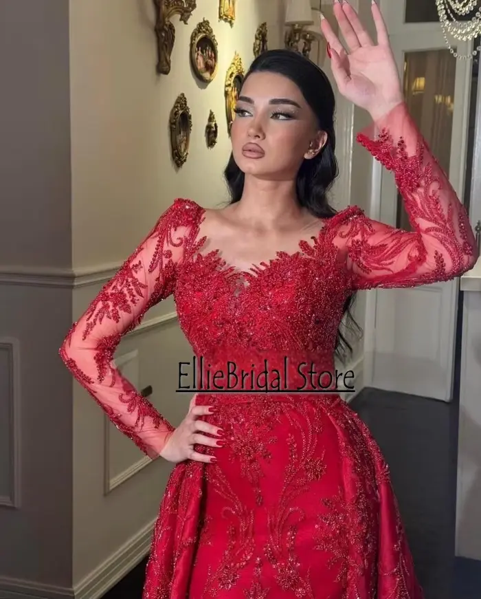 Robe de soirée rouge de luxe, manches longues, perles, Satin, modeste, sirène, robe de soirée de mariage, dubaï, robes de fiançailles personnalisées