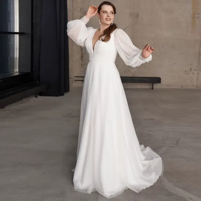 Robes de mariée de plage en Tulle pour mariée, grande taille, col en V, manches longues bouffantes,