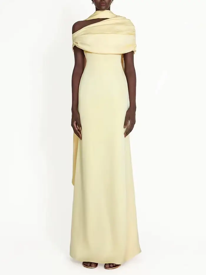 VGH robe de soirée formelle solide pour femmes col diagonale épaules dénudées taille haute robes Maxi élégantes avec ruban femme