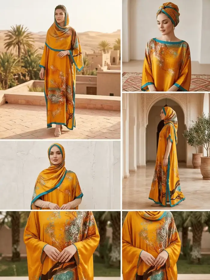 1 ensemble (robe + foulard) Kaftan luxueux pour femme - Imprimé floral jaune vibrant