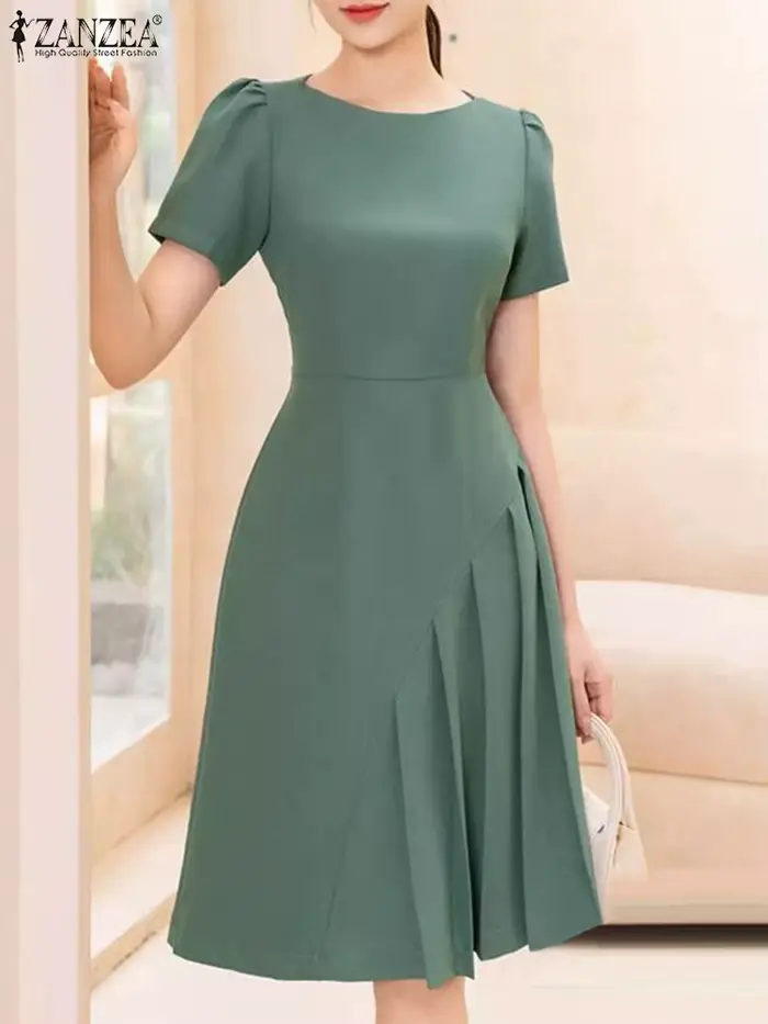 Robe plissée ZANZEA en polyester et élasthanne col rond longueur aux genoux pour femmes occasions spéciales été