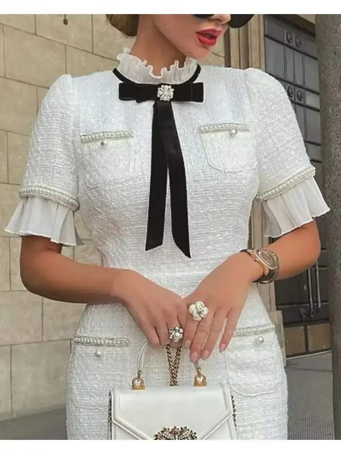 Robes élégantes femmes mode 2025 nouveau mince manches courtes nœud à volants ourlet perlé brise par