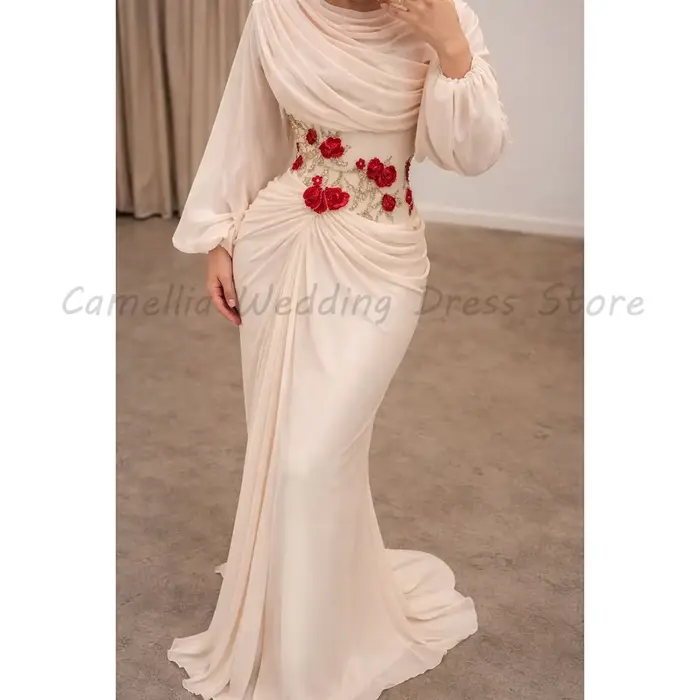 Robe de soirée musulmane à col drapé, manches longues bouffantes, ornée de fleurs rouges 3D, en mous