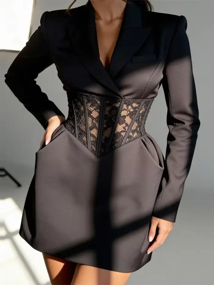 Robe Blazer noire en dentelle Patchwork