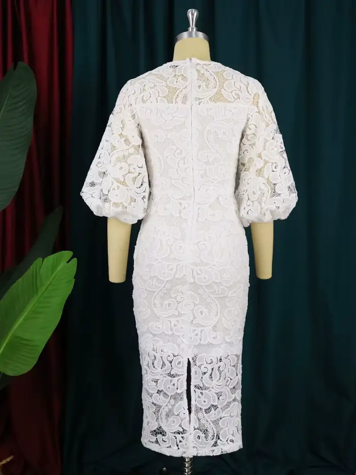 Robe crayon mi-longue en dentelle à manches lanterne pour femme