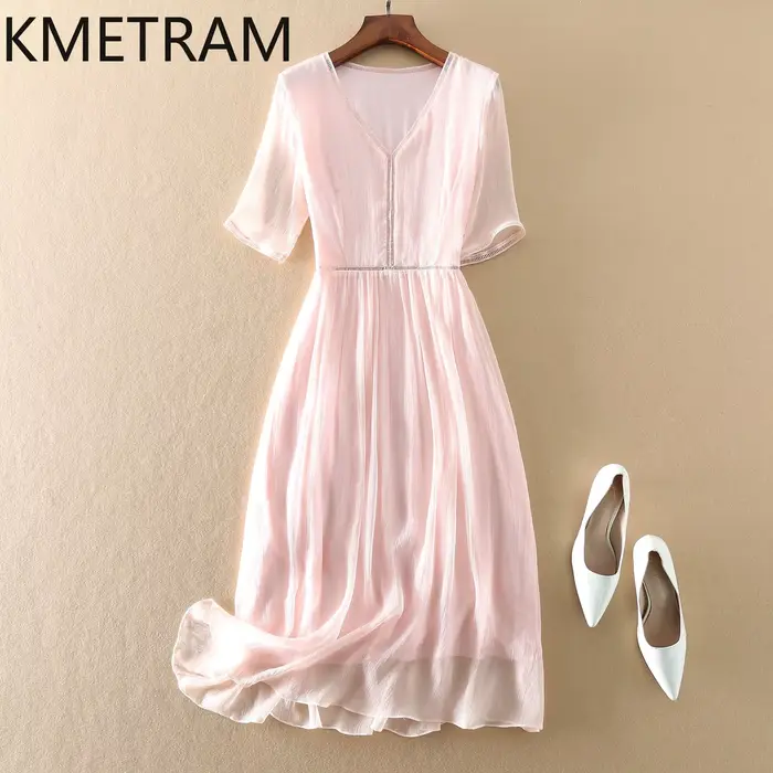 KMETRAM 100% robes en soie de mûrier naturelle 2025 femme été élégant col en v robe longue