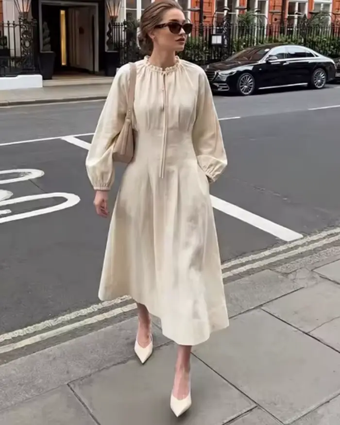 Robe longue plissée ajustée à manches longues femme élégante chic vacances printemps automne polyester Qaoerde occasions spéciales