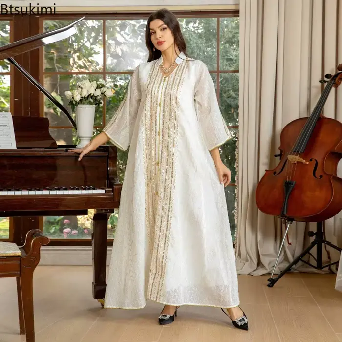 Robe de soirée marocaine abaya de luxe à sequins pour femmes occasions spéciales mode musulmane élégante et sophistiquée polyester légèrement extensible toutes les saisons