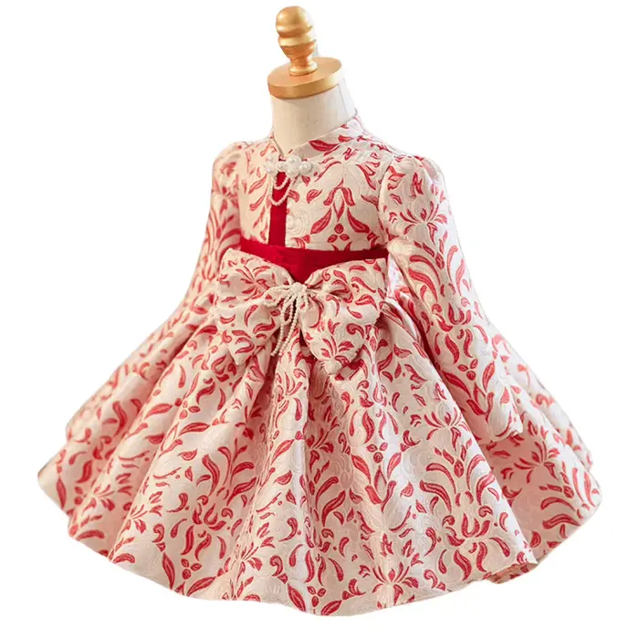Robe de demoiselle d'honneur en satin brocart jacquard rouge jardin pour filles pour le 1er. Robe de