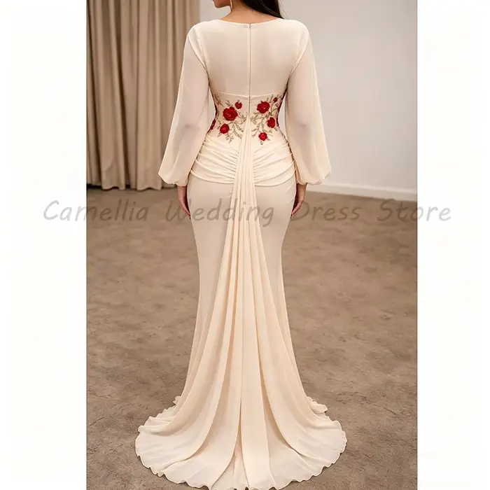 Robe de soirée musulmane à col drapé, manches longues bouffantes, ornée de fleurs rouges 3D, en mousseline plissée, coupe sirène, pour soirées officielles et cérémonies importantes