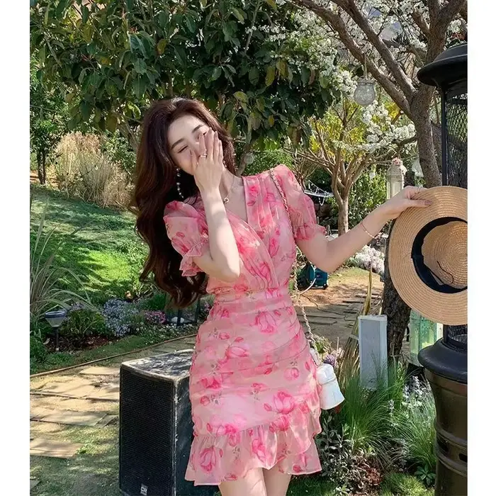 Robe portefeuille à volants imprimé floral rose pour femmes printemps automne élégante occassions spéciales