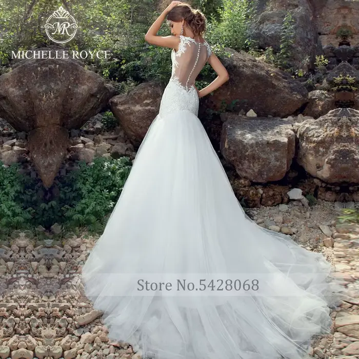 Michelle Royce sirène robes De mariée Sexy chérie Appliques Illusion bouton chapelle Train robes De mariée Vestido De Novia