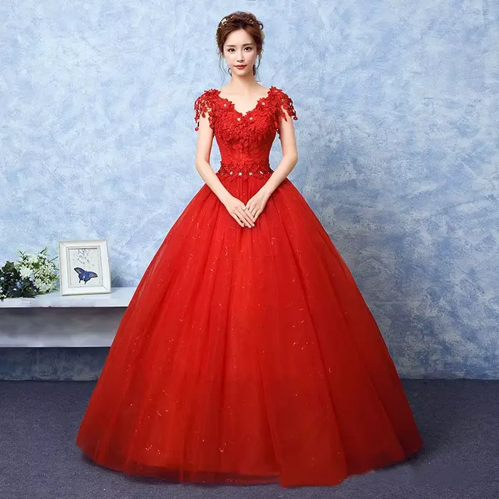 Robe de mariée brodée en dentelle à col en V personnalisé
