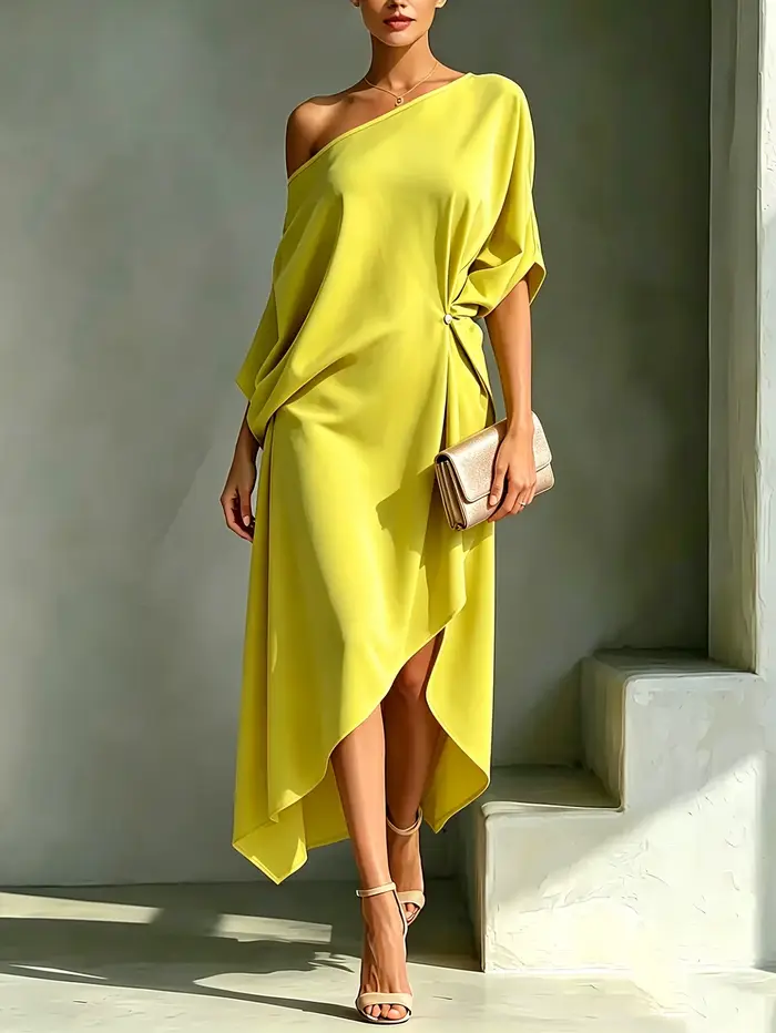 Robe élégante à épaules dénudées et manches courtes pour femme, style chauve-souris, design boutonné